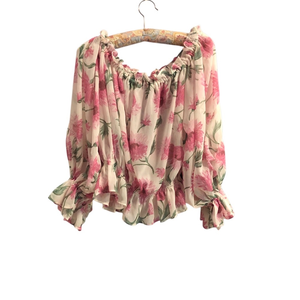 Topshop Pink and Cream Ruffled Blouse